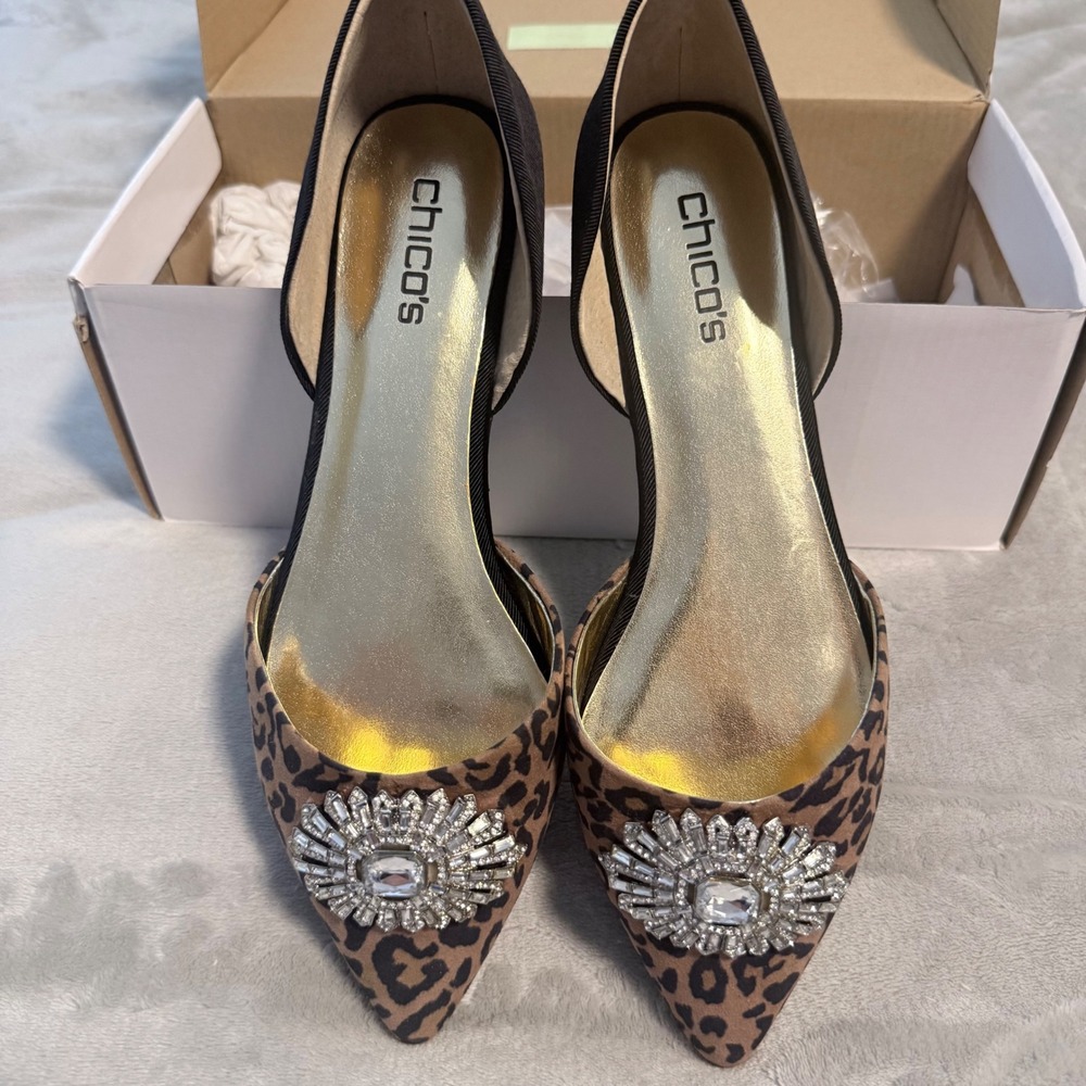 Chico's Leopard Print Pointed Toe Flats with Crystal Brooch